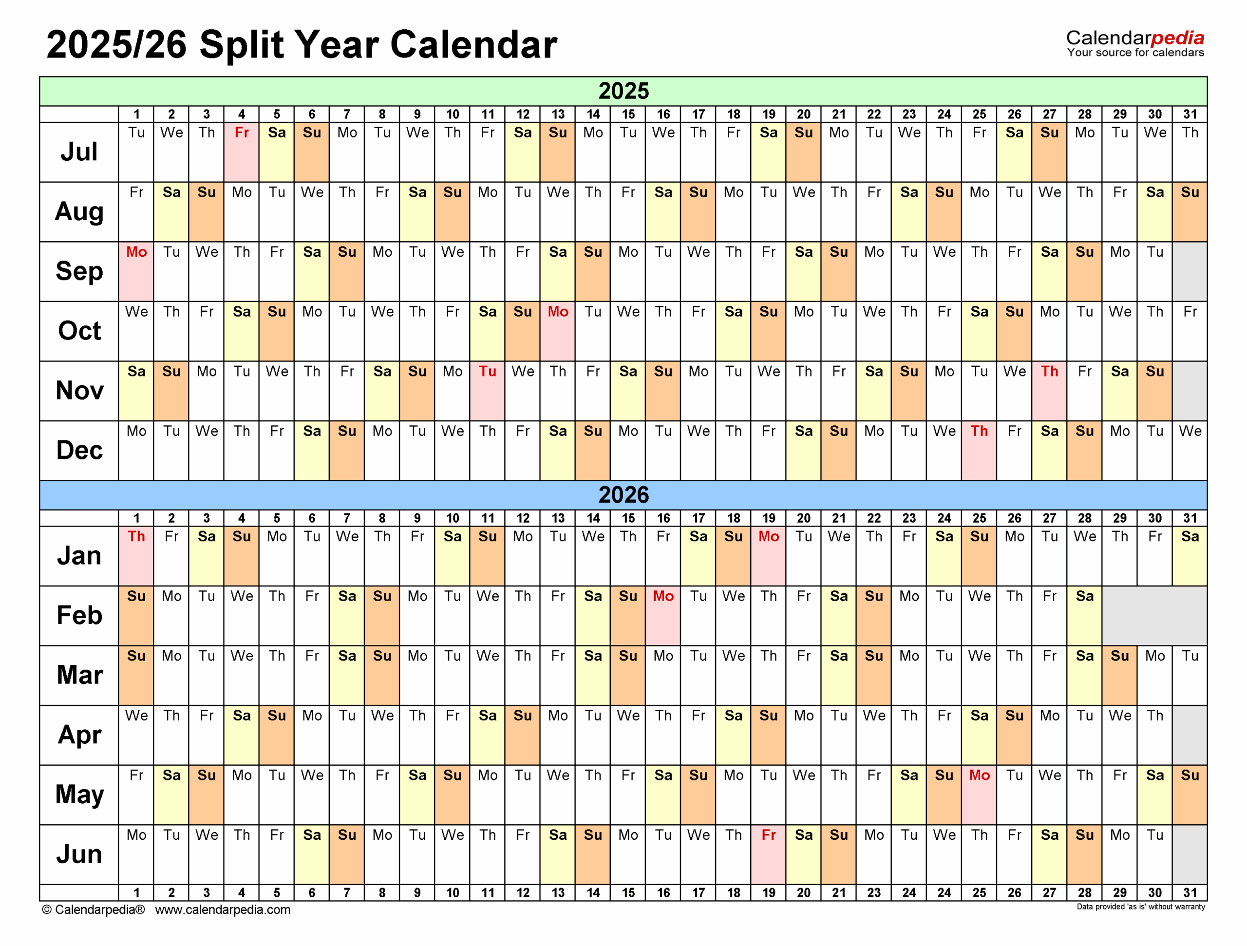 July 2025 Through June 2026 Calendar Printable