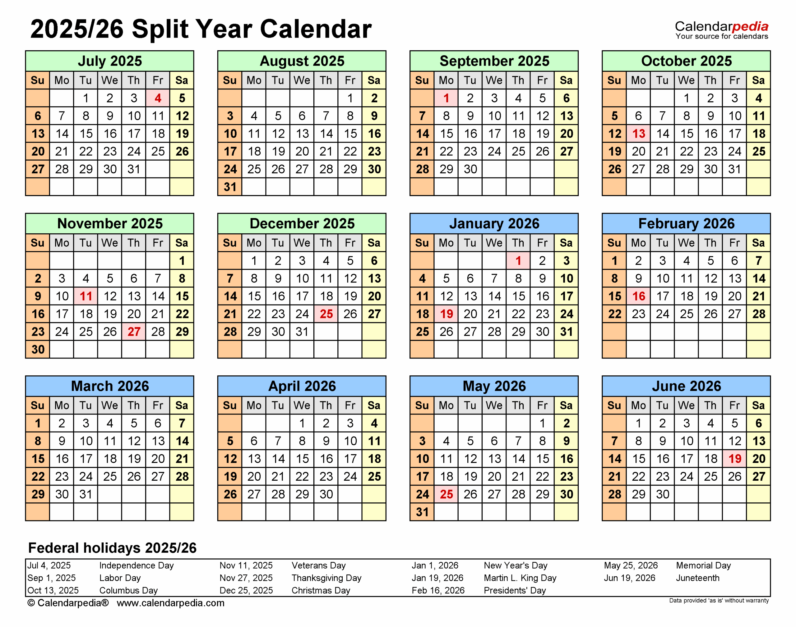 October 2025-2026 Calendar