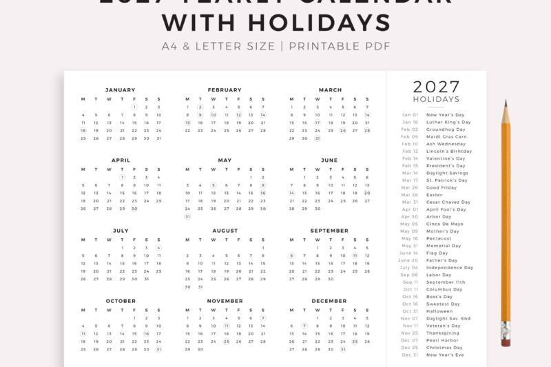 1 Page Printable 2027 Calendar
