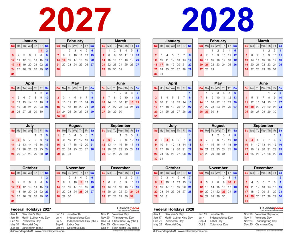 2 Year Calendar 2027 And 2027 Printable - 2027 Calendar 2028 Printable Pdf Free Download - We Love Printables