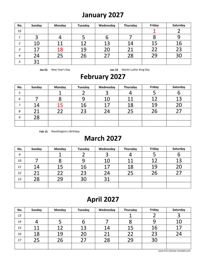2027 4 Month Calendar Printable – Monthly 2027 Calendar 4 months per page (vertical) | Free-calendar … 2027 4 Month Calendar Printable - Monthly 2027 Calendar 4 months per page (vertical) | Free-calendar ...