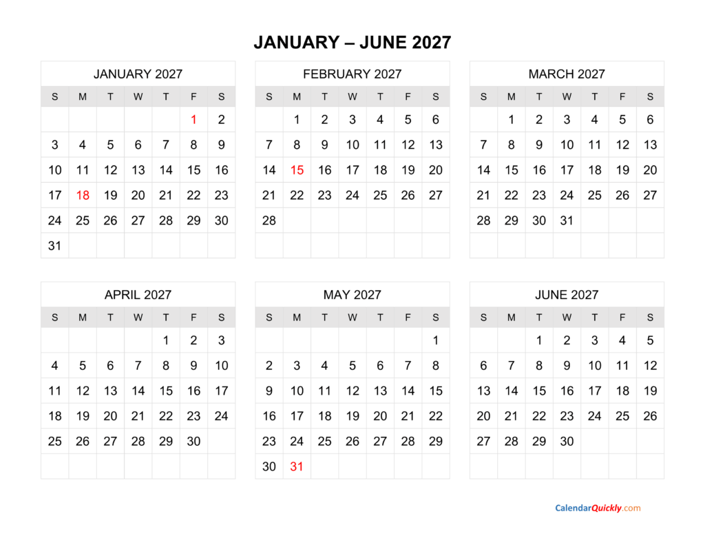 2027 6 Month Calendar Printable – Six Months 2027 Calendar | Calendar Quickly 2027 6 Month Calendar Printable - Six Months 2027 Calendar | Calendar Quickly