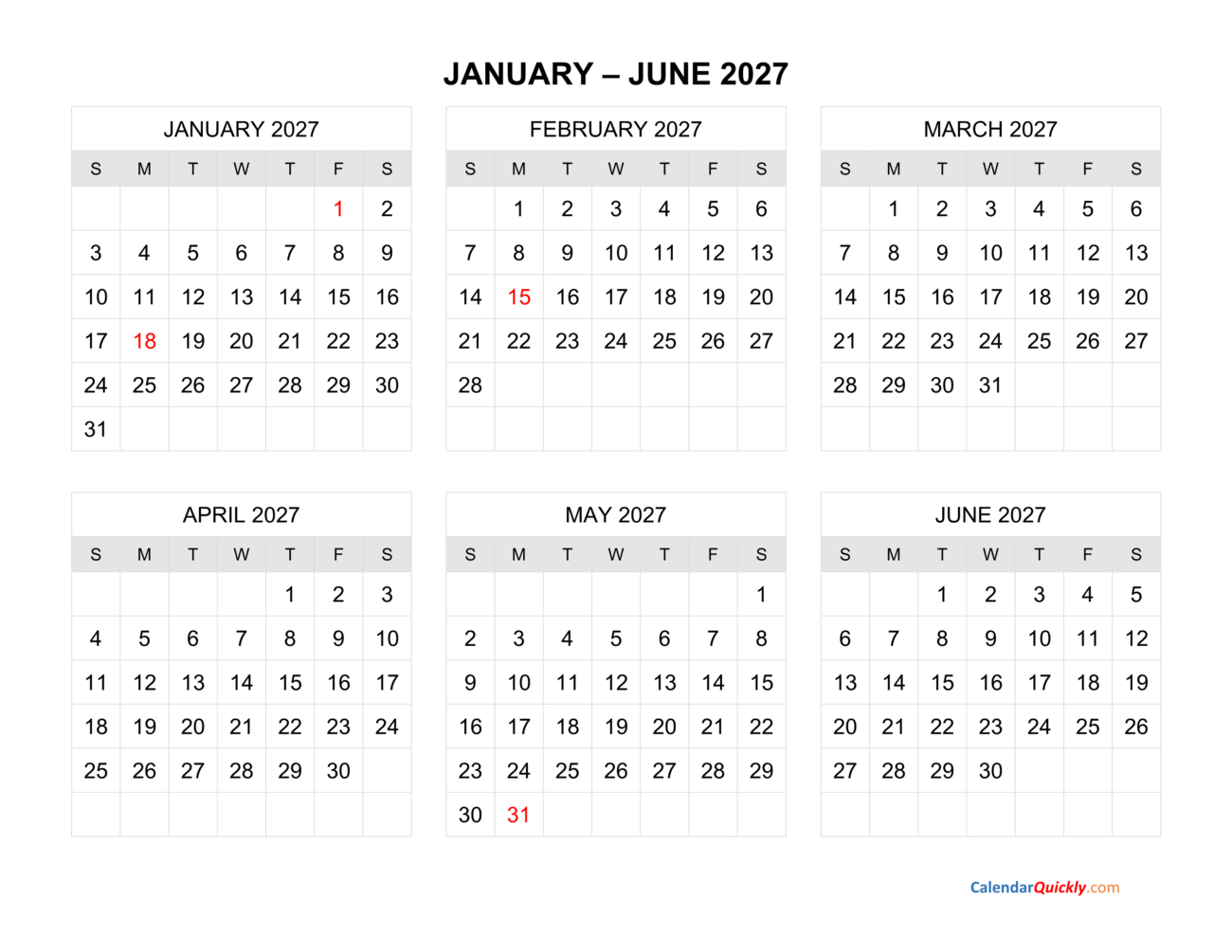2027 6 Month Calendar Printable - Six Months 2027 Calendar | Calendar Quickly