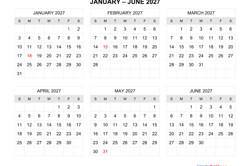 2027 6 Month Calendar Printable