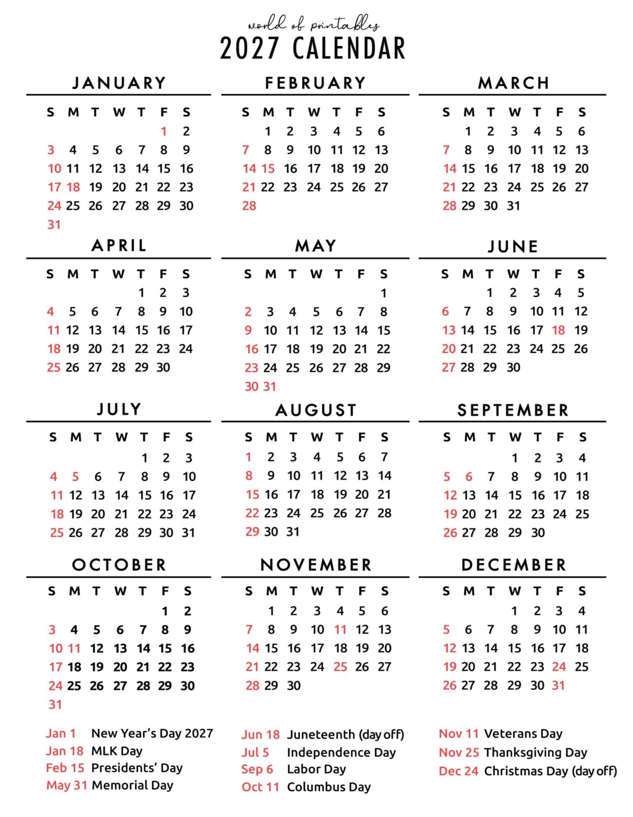 2027 And 2027 Calendar Printable - 2027 Calendar With Holidays (Free Printable PDFs) - World of Printables