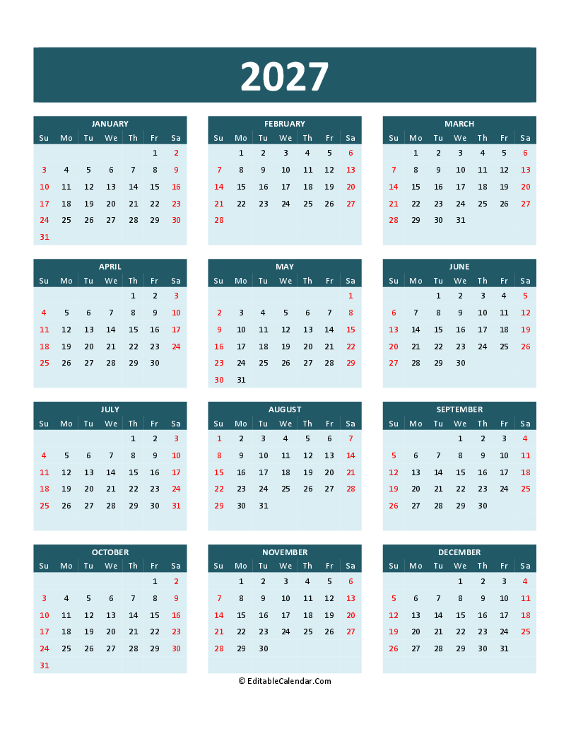 2027 Attendance Calendar Printable Free Pdf - Free Printable Calendar