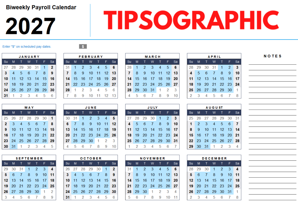 2027 Biweekly Payroll Calendar Printable - 2027 Bi Weekly Payroll Calendar - Free Printable Calendar