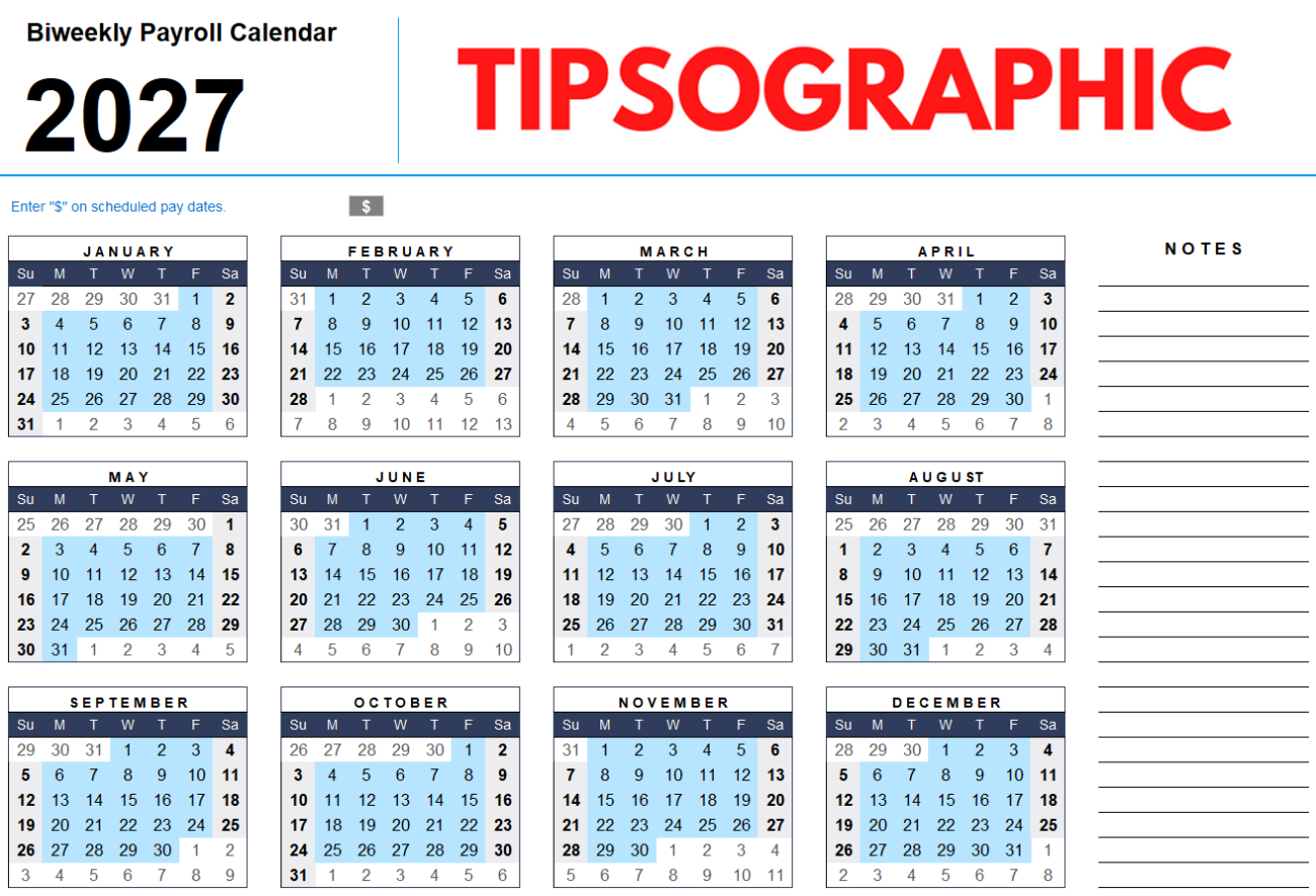 2027 Biweekly Payroll Calendar Printable - 2027 Bi Weekly Payroll Calendar - Free Printable Calendar