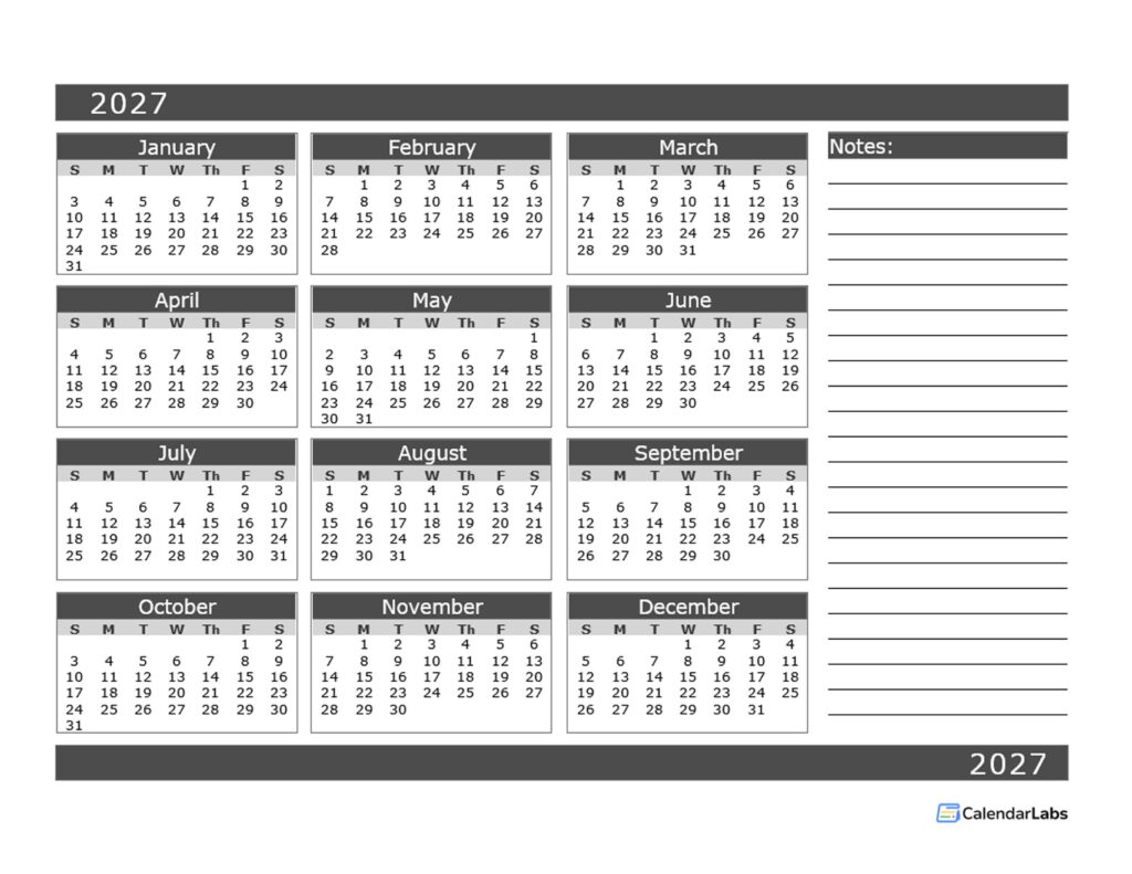 2027 Blank 12 Month Calendar In One Page - Free Printable Templates