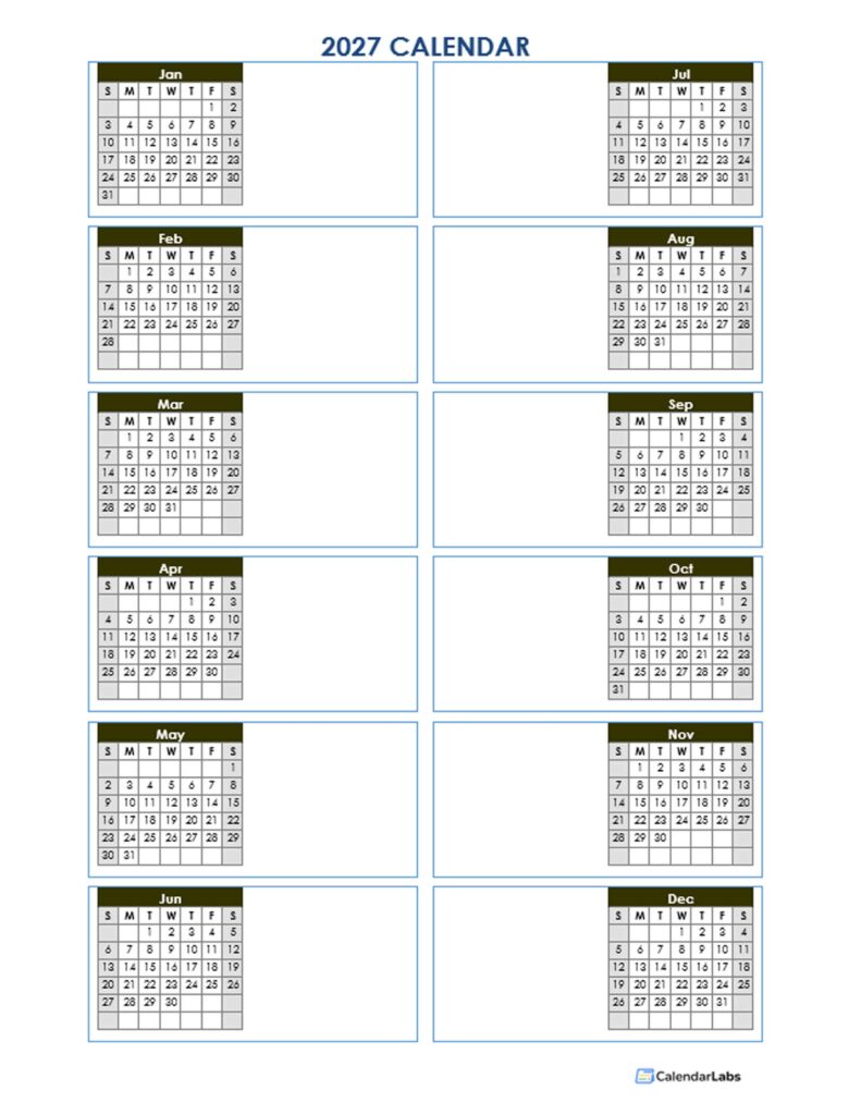 2027 Blank Yearly Calendar Template Vertical Design - Free Printable ...