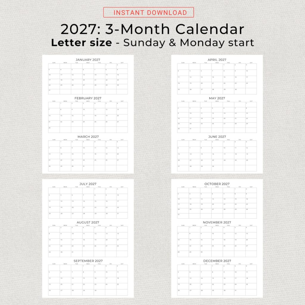 2027 Calendar 2027 3 Months per Page Calendar Monthly Planner Printable ...