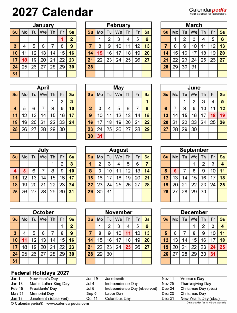 2027 Calendar - 21 Free Printable Microsoft Word Templates