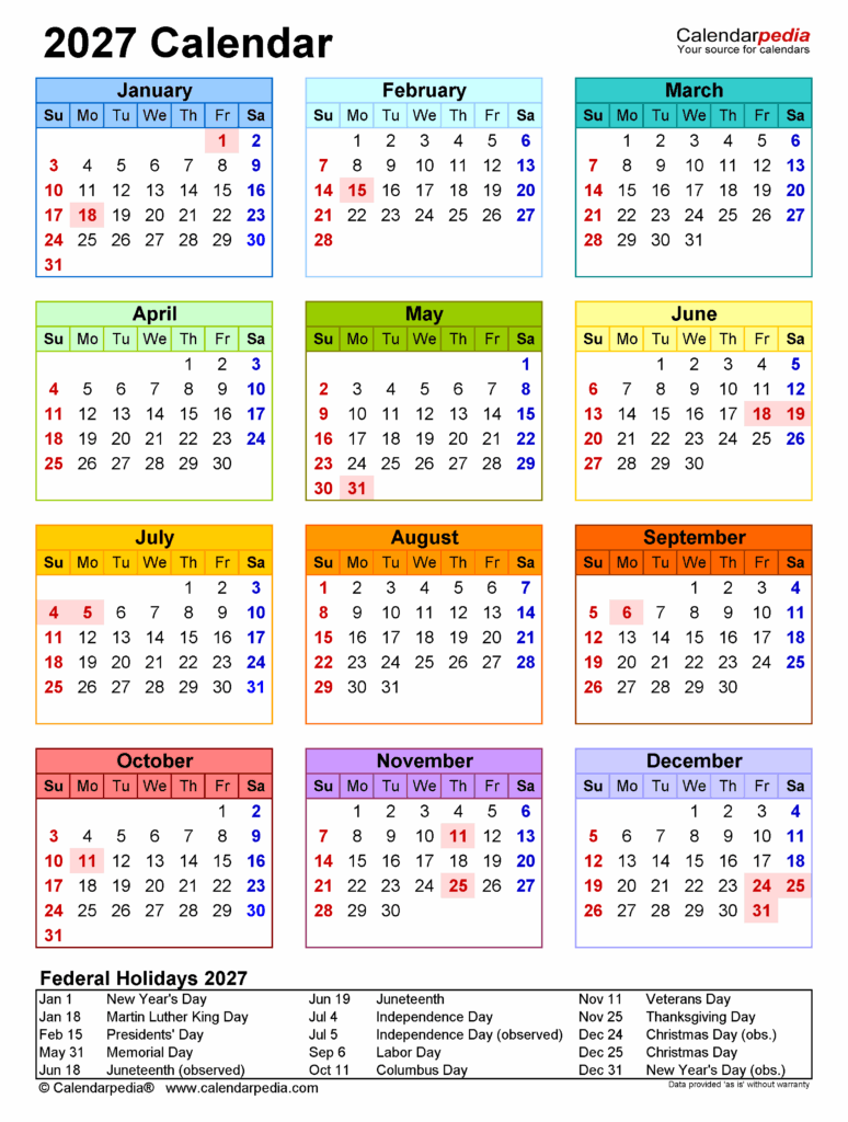 2027 Calendar - 21 Free Printable Microsoft Word Templates