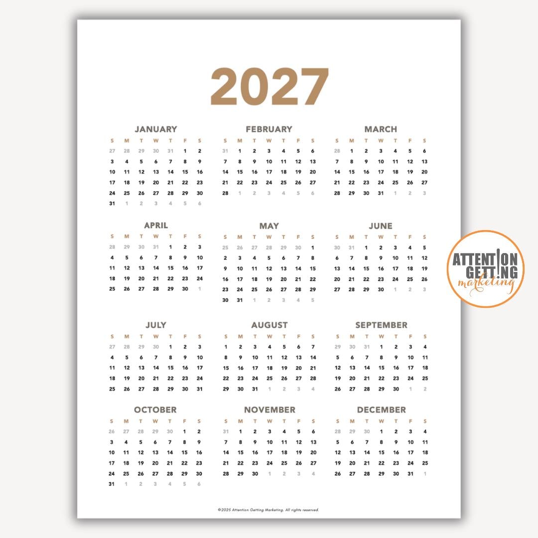 2027 Calendar At A Glance Printable - 2027 Calendar Printable Year at a Glance PDF, 2027 One Page Calendar ...