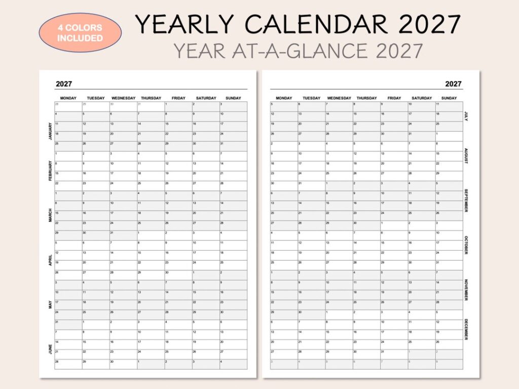 2027 Calendar Printable 2 Columns - 2027 Yearly Calendar, Year at A Glance, 4 Colors, Monday Start (PDF) - Etsy