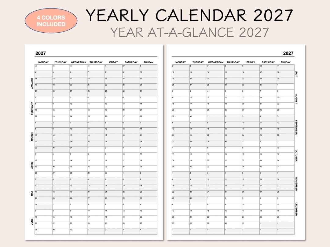 2027 Calendar Printable 2 Columns - 2027 Yearly Calendar, Year at A Glance, 4 Colors, Monday Start (PDF) - Etsy