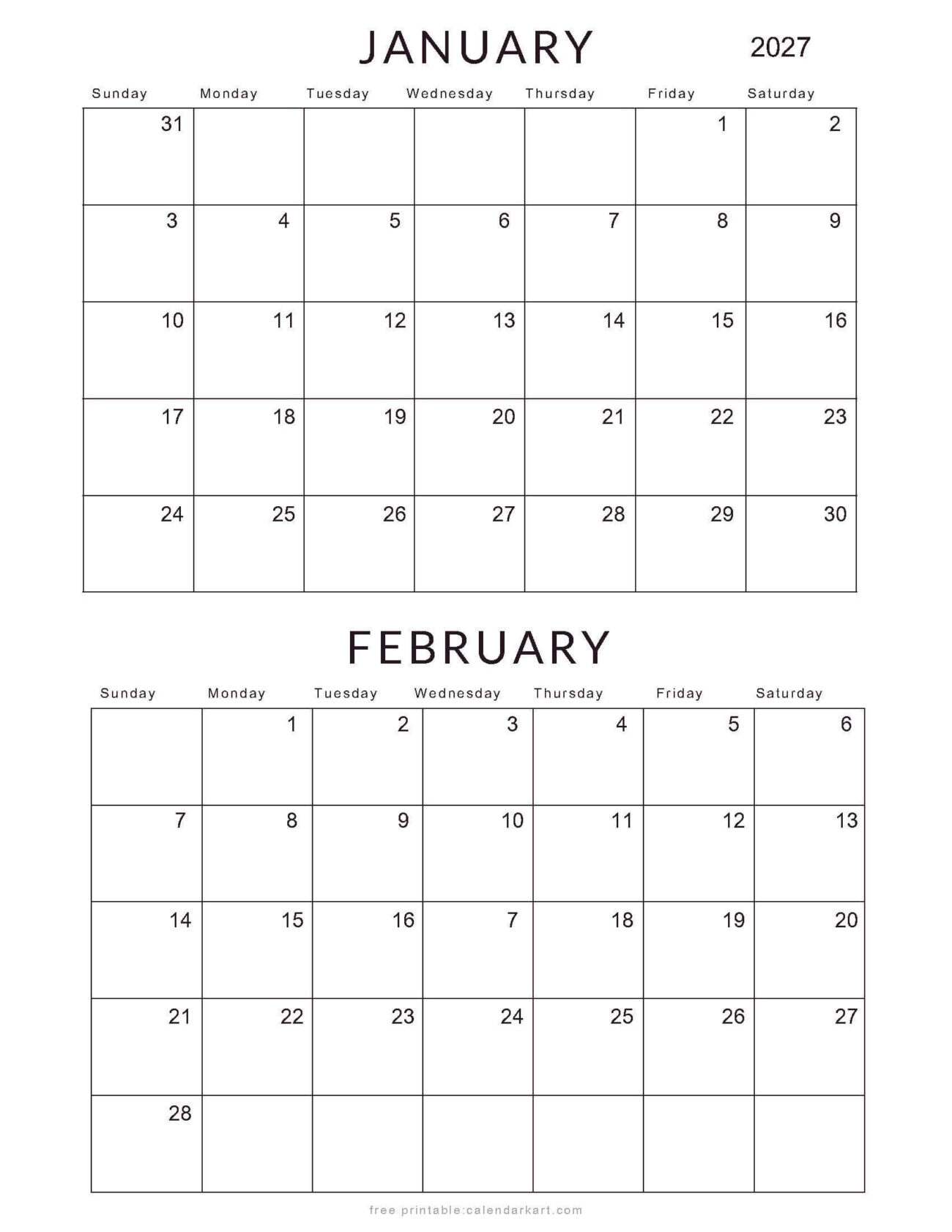 2027 Calendar Printable 2 Months Per Page - January February 2027 Calendars – Free Printable PDFs - CalendarKart