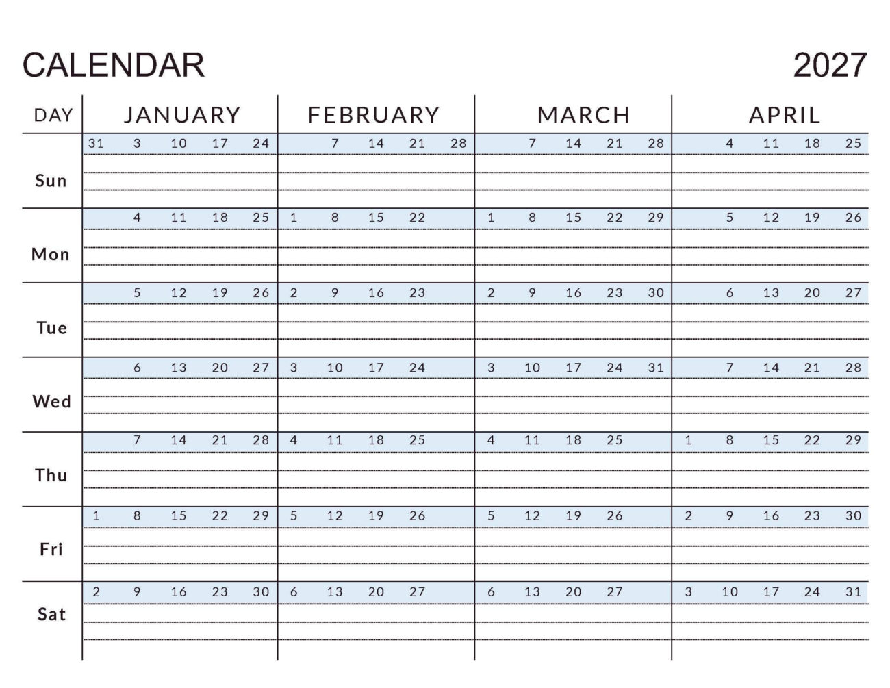 2027 Calendar Printable 4 Months Per Page - January - April 2027 Calendar - 4 Month Templates - CalendarKart