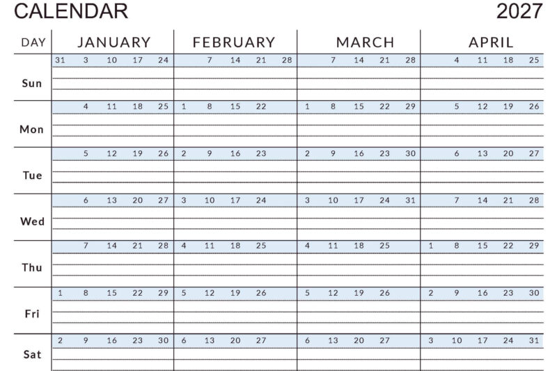 2027 Calendar Printable 4 Months Per Page