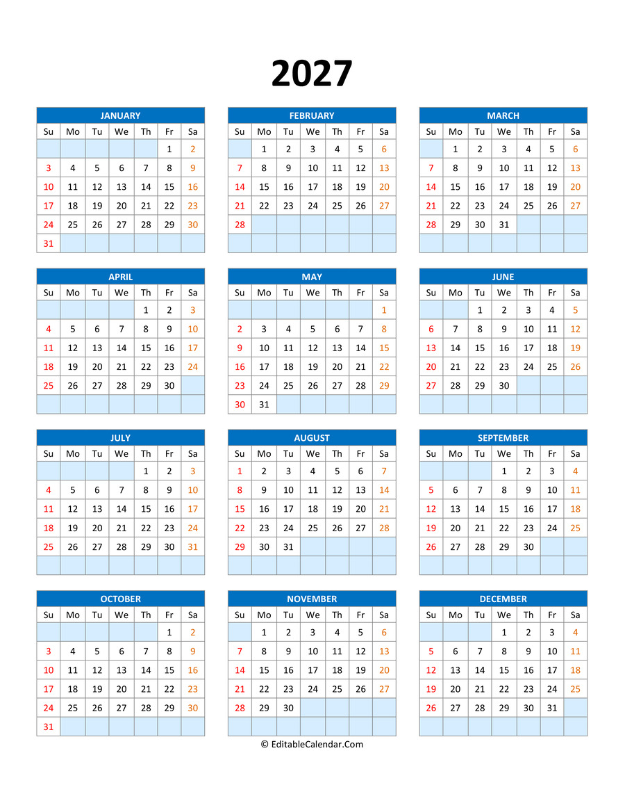 2027 Calendar Printable And Editable - Editable Calendar Template 2027
