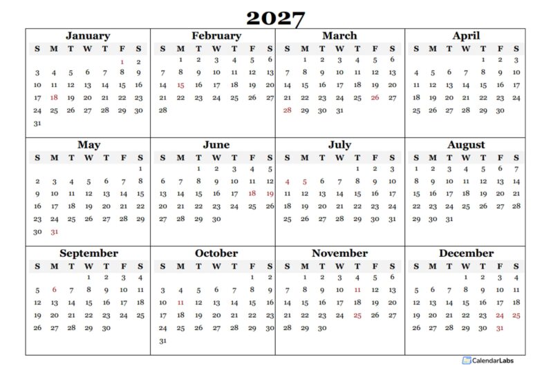 2027 Calendar Printable Free Download Word - 2027 Blank Yearly Word Calendar Template - Free Printable Templates