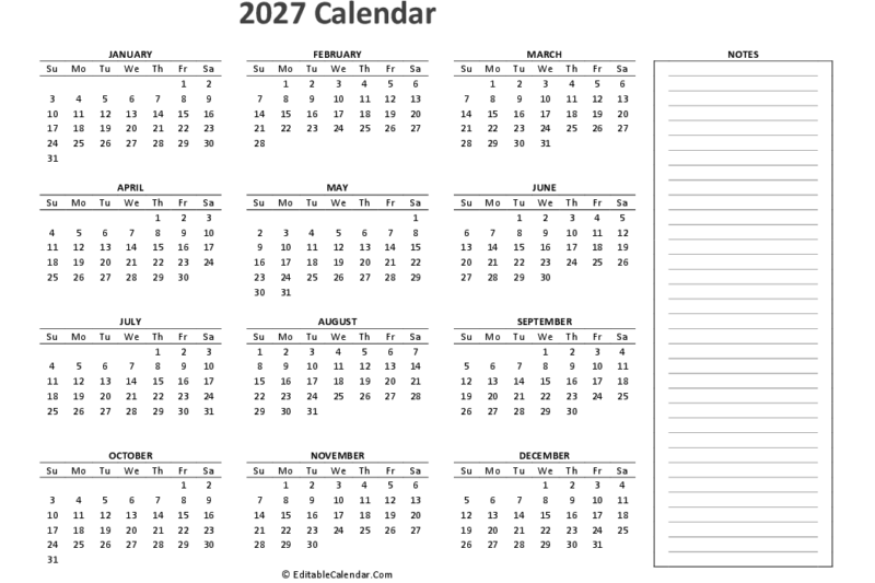 2027 Calendar Printable January Through December - Calendar 2027 Printable Free