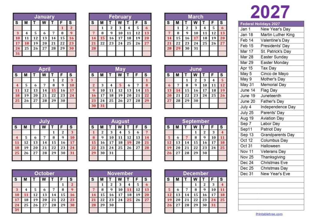 2027 Calendar Printable With Holidays - Printable Calendar 2027 One Page with Holidays (Single Page) 2027 ...