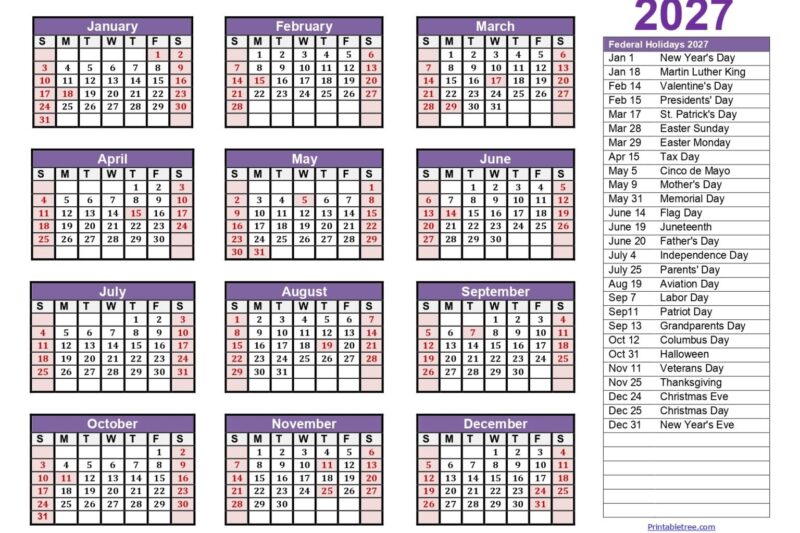 2027 Calendar Printable With Holidays