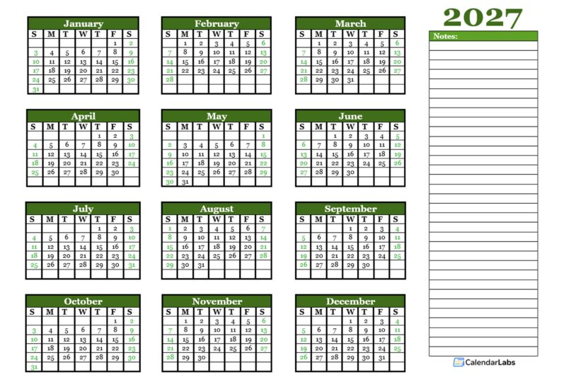 2027 Calendar Printable With Notes
