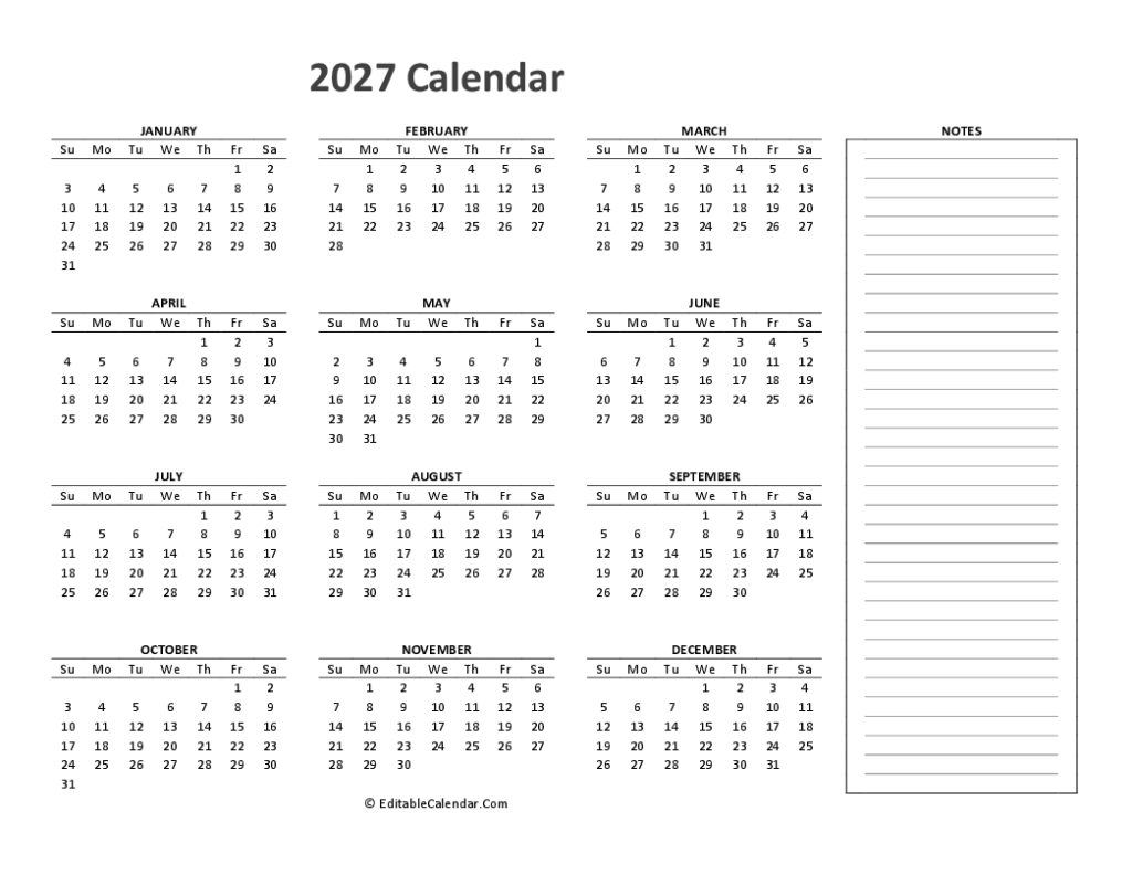2027 Calendar Printable With Space To Write - 2027 Calendar With Lines Printable: Stay Organized and Productive ...