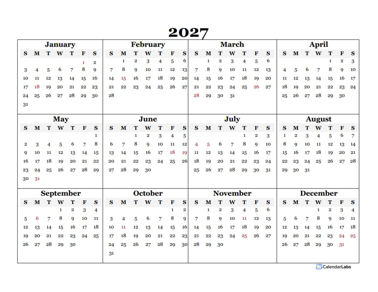 2027 Calendar Printable Word Doc - 2027 Blank Yearly Word Calendar Template - Free Printable Templates