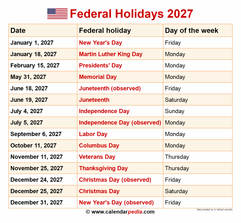 2027 Calendar With Holidays 2027 Calendar With Holidays