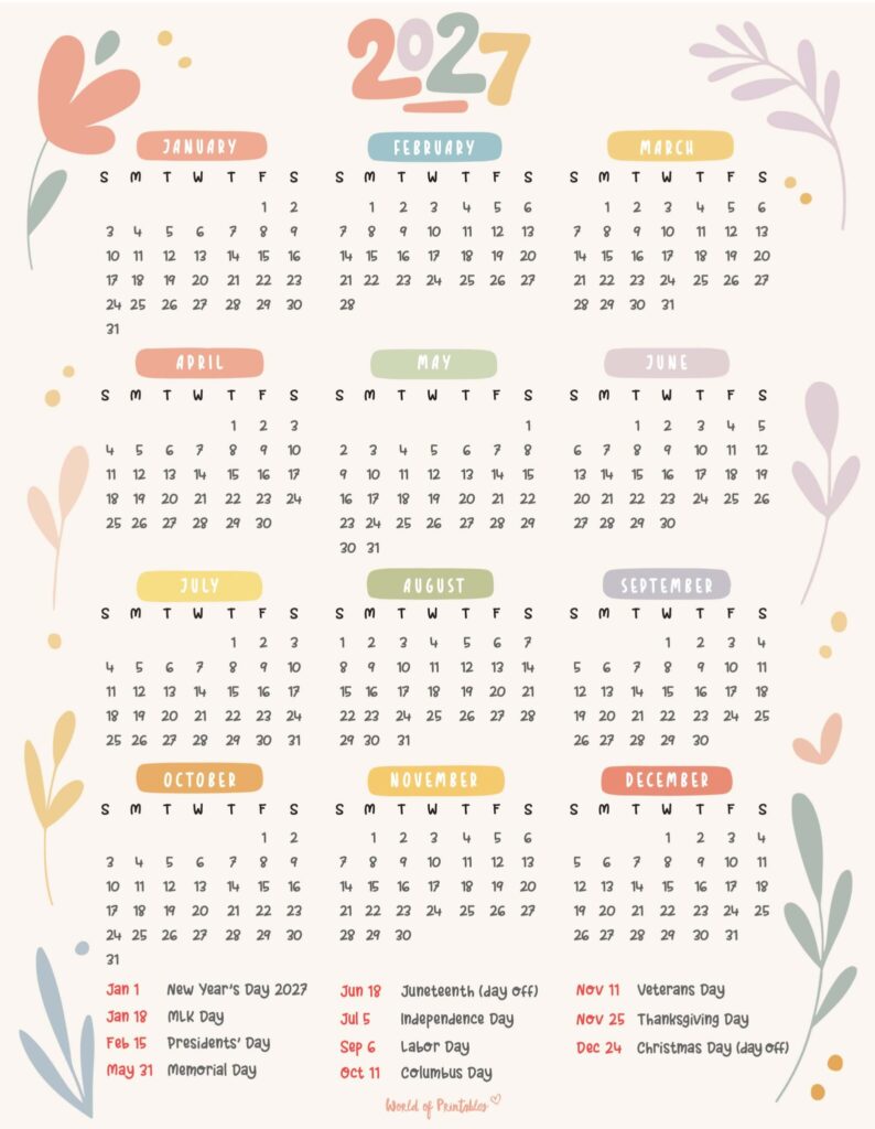 2027 Calendar With Holidays (Free Printable PDFs) - World of Printables