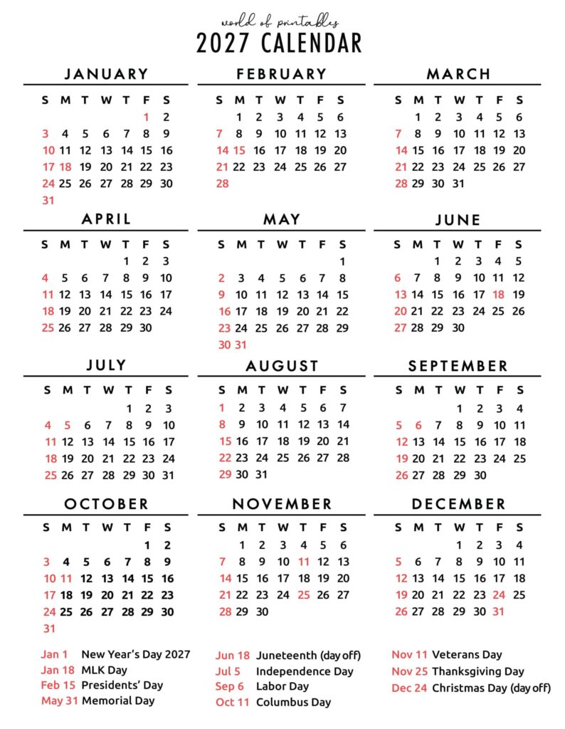 2027 Calendar With Holidays (Free Printable PDFs) - World of Printables