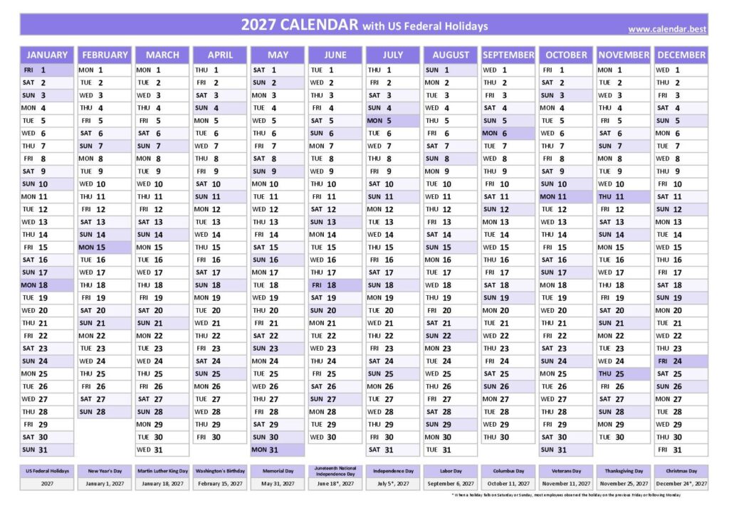 2027 calendar with holidays (US Federal Holidays) 2027 calendar with holidays (US Federal Holidays)