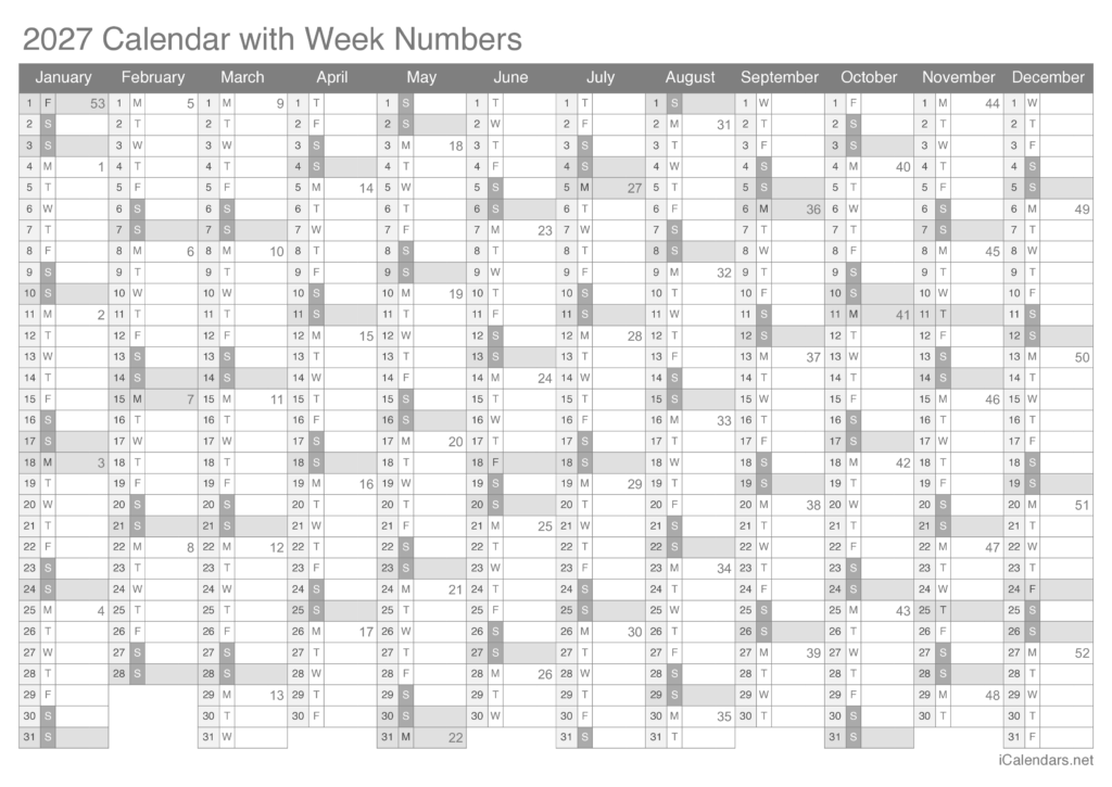 2027 Calendar With Weeks Printable - 2027 Printable Calendar - PDF or Excel