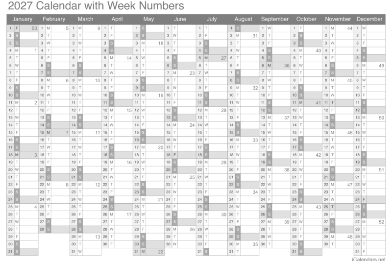 2027 Calendar With Weeks Printable