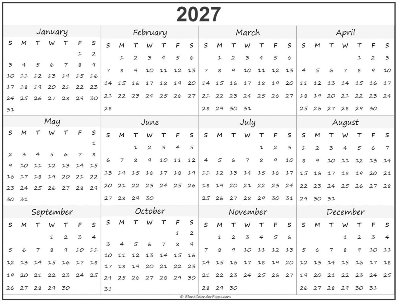 2027 Calendar Year At A Glance Printable - 2027 Year At A Glance Calendar Printable - We Love Printables
