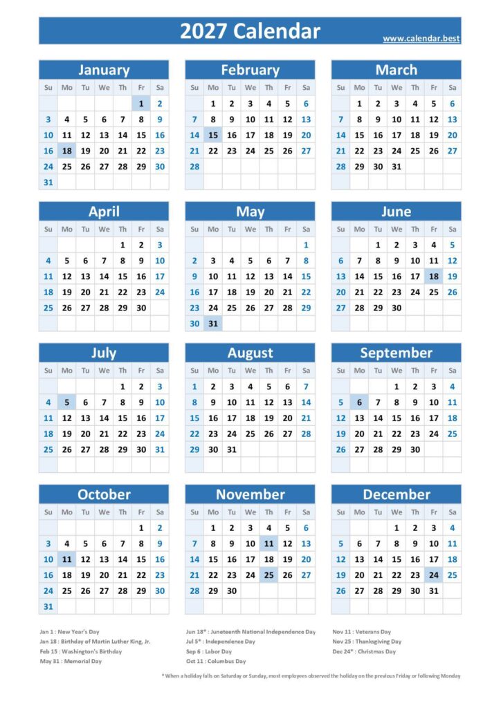 2027 Federal Holidays: list and 2027 calendar with holidays to print