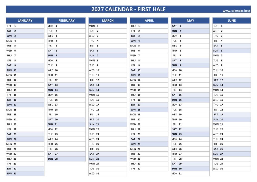 2027 Half Year Calendar Printable – 2027 half year calendar to print 2027 Half Year Calendar Printable - 2027 half year calendar to print