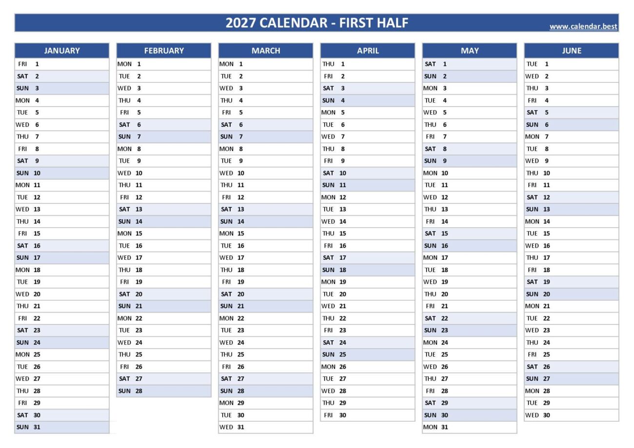 2027 Half Year Calendar Printable - 2027 half year calendar to print