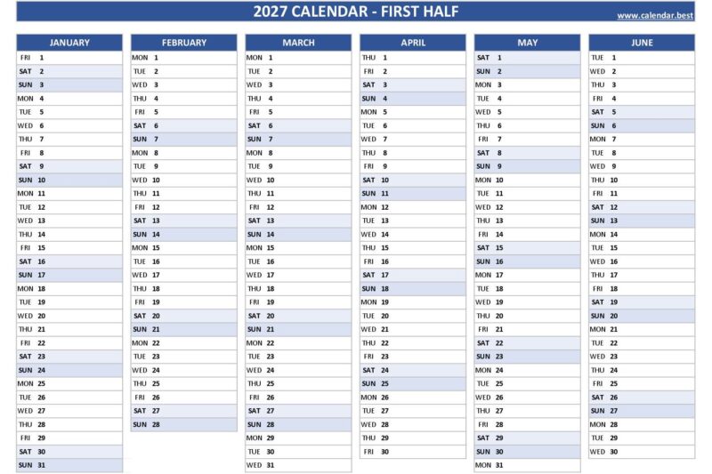 2027 Half Year Calendar Printable