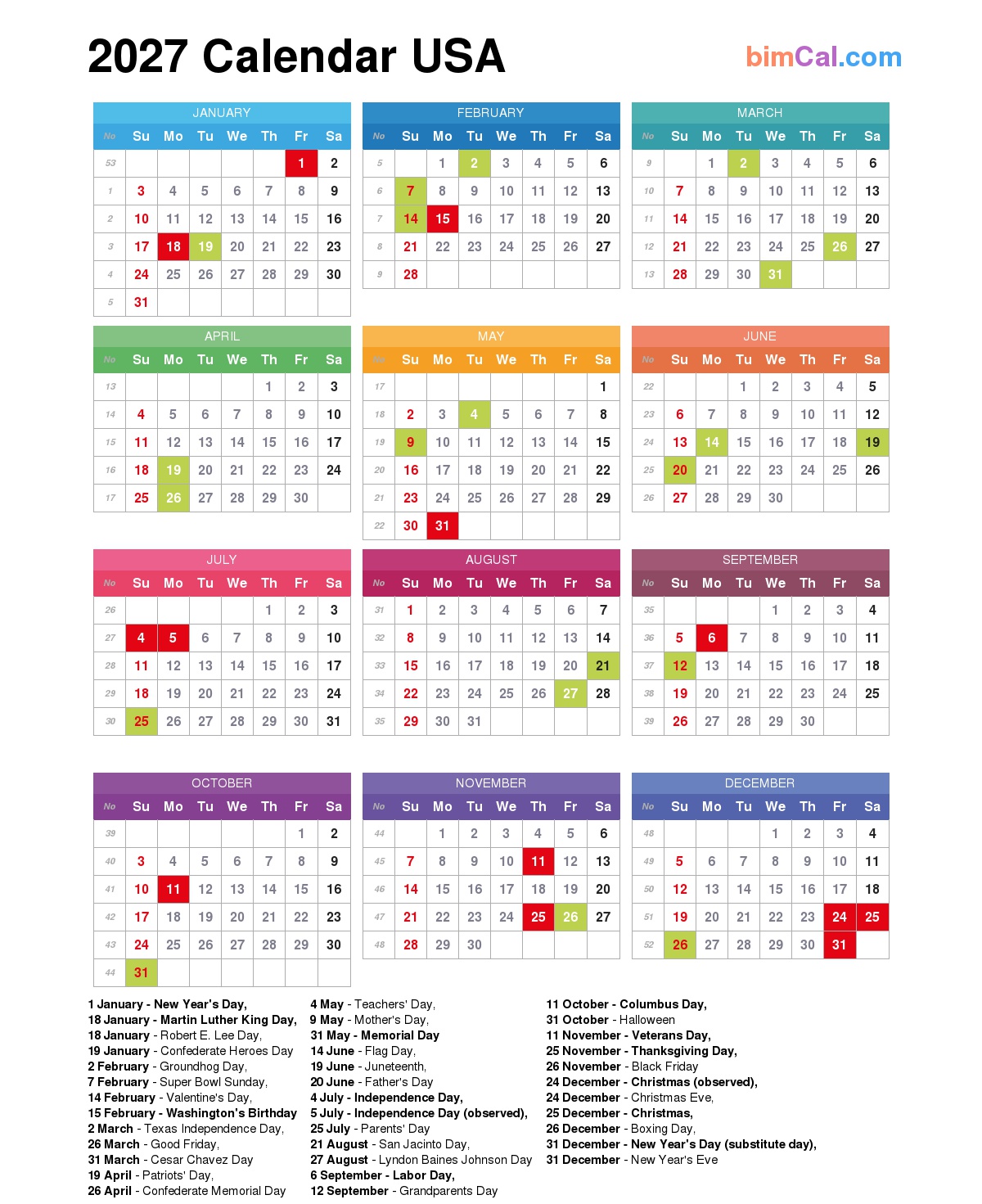 2027 Holiday Calendar Usa Printable - 2027 Calendar With Holidays - 2025 Printable Calendar Free Templates