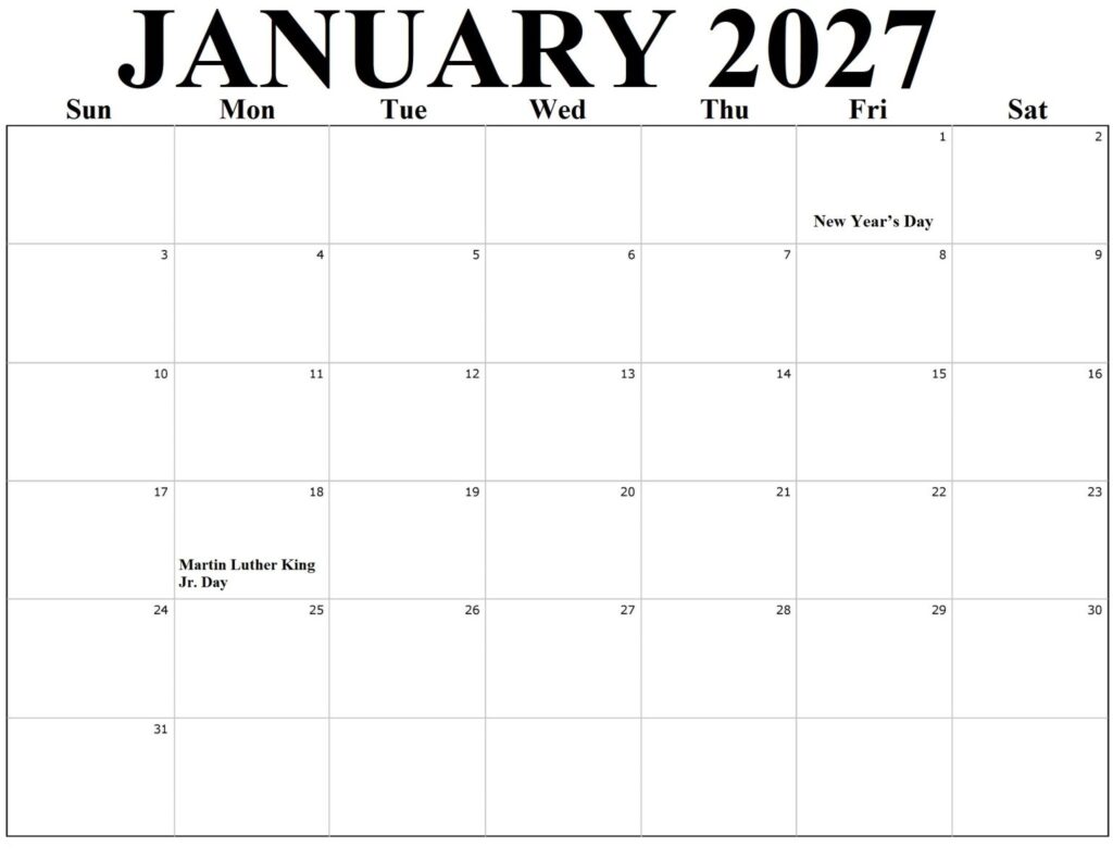 2027 January Calendar Printable Free Download – Noolyo.com 2027 January Calendar Printable Free Download – Noolyo.com