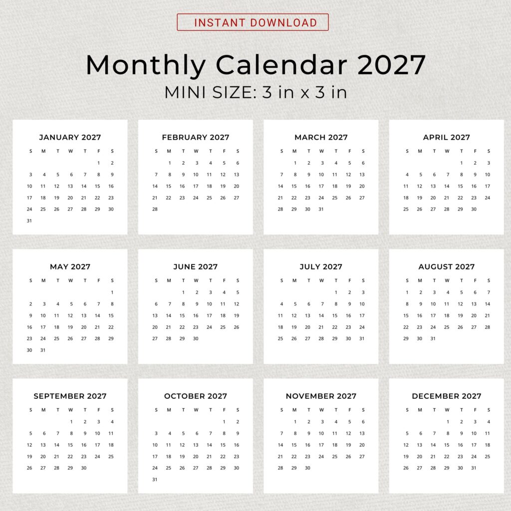 2027 Mini Calendar 2027 Minimalist Mini Calendar 3x3 Inch Calendar ...