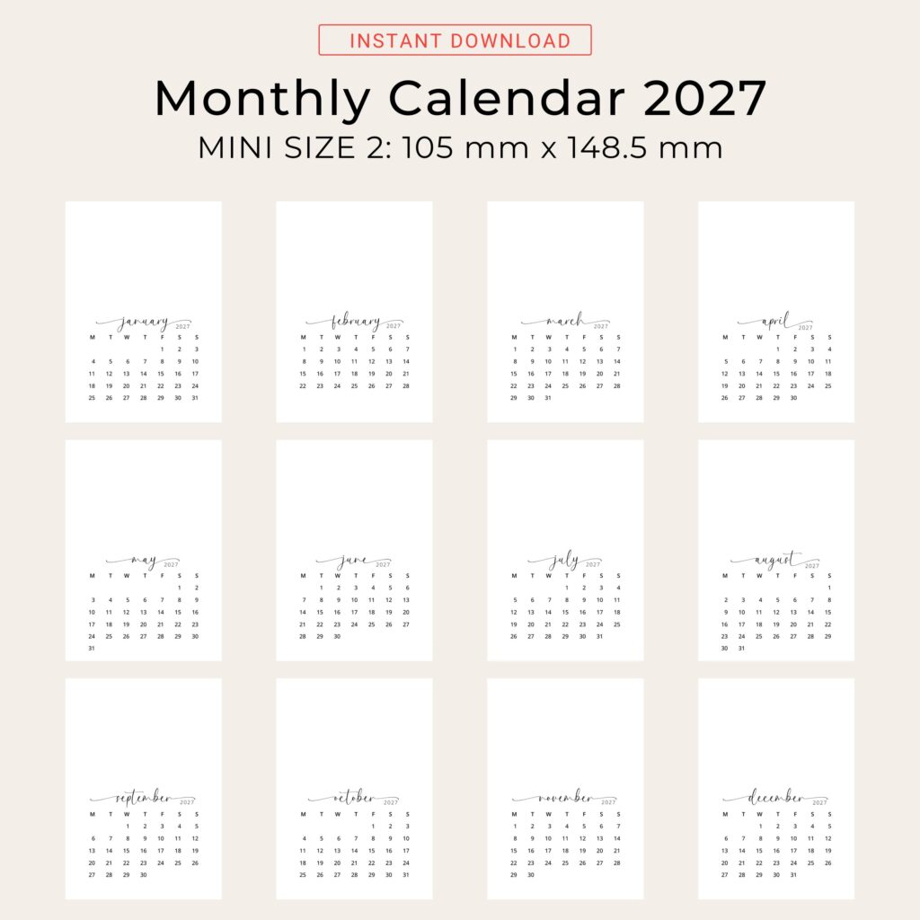 2027 Mini Calendar Printable 2027 Small Calendar Portrait DIY Calendar ...