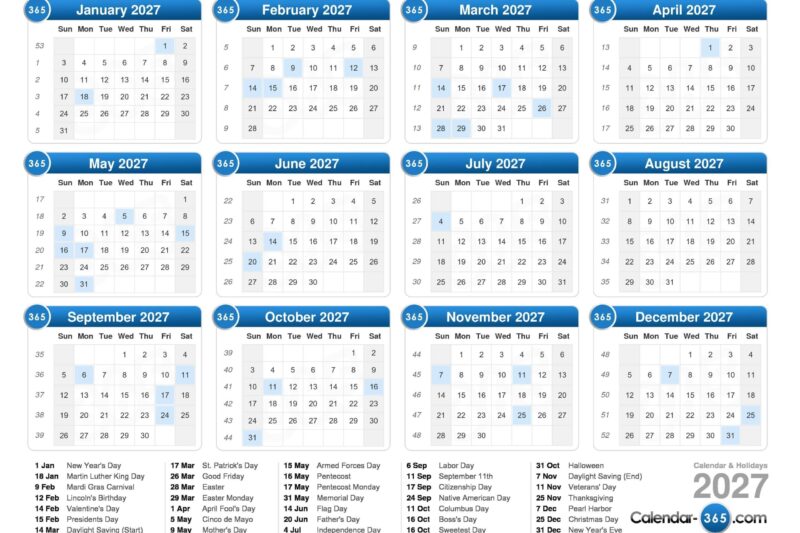 2027 Monthly Printable Calendar With Holidays