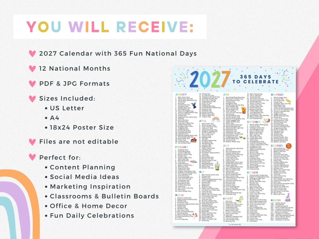 2027 National Days Calendar Printable, Content Planner, Theme Days, One ...