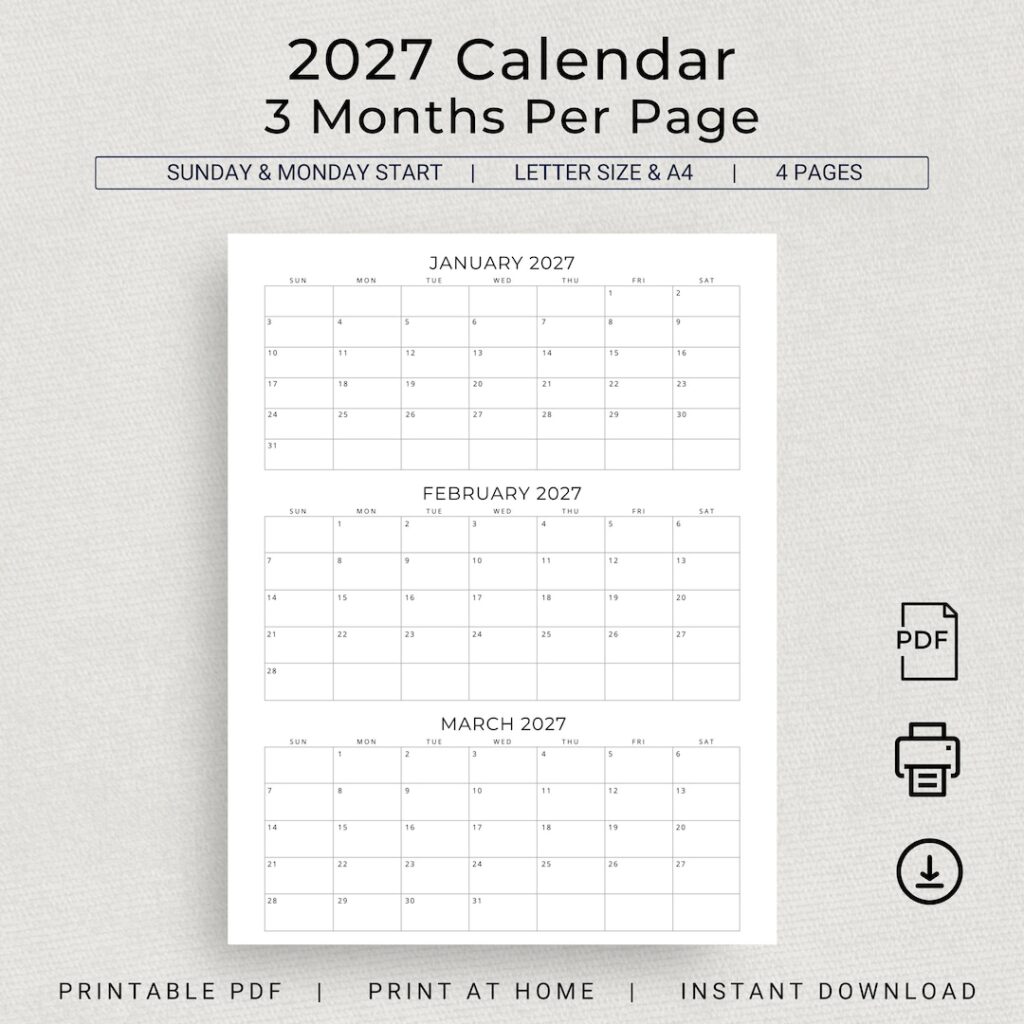 2027 Printable Calendar 3 Months Per Page - 2027 Calendar 2027 3 Months per Page Calendar Monthly Planner Printable ...