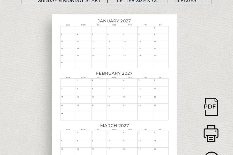 2027 Printable Calendar 3 Months Per Page